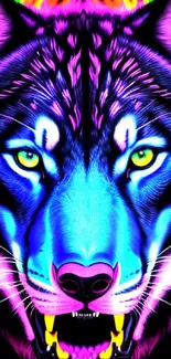 Vibrant neon wolf with glowing colors on black background.