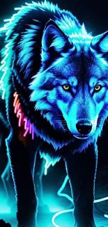 Neon wolf glowing in vibrant blue hues on a dark background.