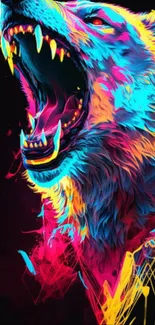 Bold neon wolf with vibrant colors on black background.