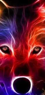 Vibrant neon wolf face on dark background.