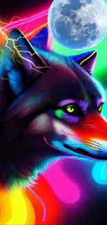 Neon wolf with vibrant colors, lightning, and moon.