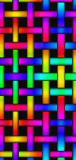 Vibrant neon woven pattern mobile wallpaper with rainbow colors.