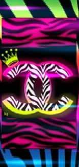 Vibrant zebra pattern with neon rainbow stripes and a stylish logo.