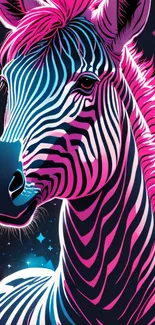 Neon zebra with vibrant pink and blue stripes on a mobile wallpaper.