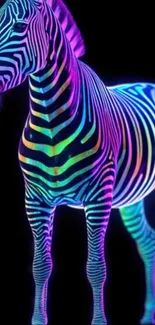 A neon-striped zebra on a black background.