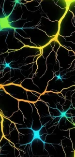Neural network wallpaper with colorful glowing lines on a dark background.