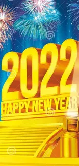 Vibrant 2022 New Year wallpaper with fireworks and gold theme.