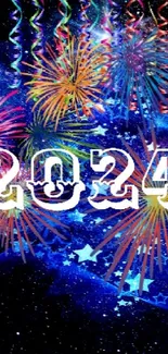 New Year 2024 wallpaper with fireworks and a starry night background.