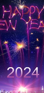 Happy New Year 2024 wallpaper with fireworks over cityscape.