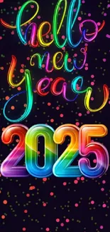 Colorful New Year 2025 wallpaper with festive confetti and typography.