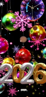 Colorful 2026 New Year decorations and clock.