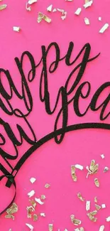 Happy New Year wallpaper in pink with confetti.