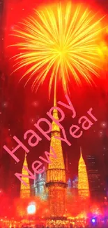 Happy New Year wallpaper with fireworks and cityscape in vivid colors.