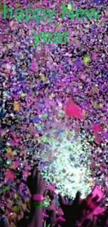 Vibrant confetti wallpaper with 'Happy New Year' text and colorful celebration theme.