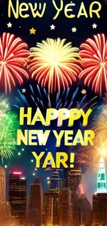 Colorful New Year fireworks over city skyline wallpaper.