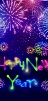 Vibrant New Year fireworks mobile wallpaper with colorful neon greetings.