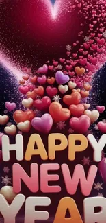 New Year heart-themed wallpaper with vibrant colors and festive design.
