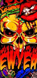 Vibrant New Year skull wallpaper with bold colors and edgy design.