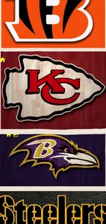 Vibrant mobile wallpaper with NFL team logos in bold colors.