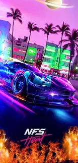 Vibrant neon car with Miami skyline and palm trees in NFS Heat wallpaper.