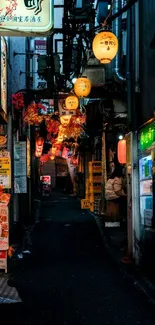 Vibrant night alley with colorful lanterns.