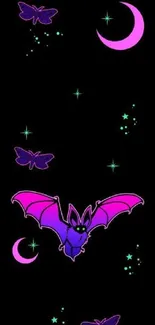 Neon bat and moon wallpaper with vibrant colors on a black background.