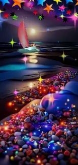 Mobile wallpaper of a vibrant beach scene at night with stars.