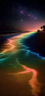 Vibrant rainbow reflection on a night beach under a starry sky.