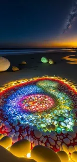 Vibrant beach scene at night with colorful pebbles and starry sky.