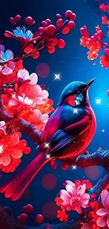 Vibrant bird sitting amid pink neon flowers on blue background.