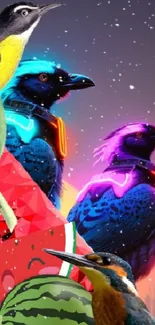 Colorful neon birds with futuristic cityscape background.