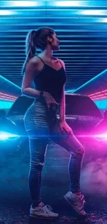 Mobile wallpaper of a person with a car in a neon-lit scene at night.