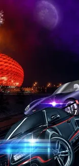 Dynamic cars with vibrant red architecture and night trails.