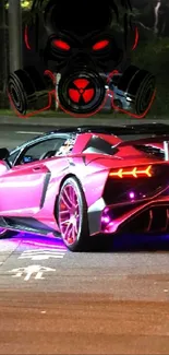 Futuristic car with neon lights in urban night scene.