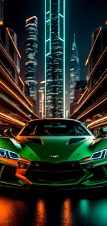 Green sports car with neon city backdrop.