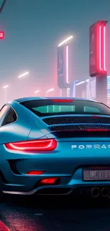 Stylish neon-lit cars in urban night scene.