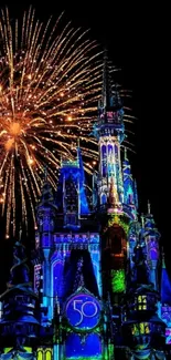 Colorful castle with fireworks display at night wallpaper.