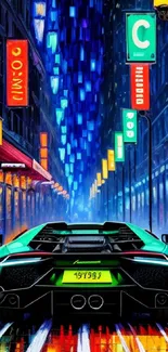 Neon-lit city street with sports car at night, vibrant colors, mobile wallpaper.