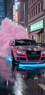 Drifting Audi car with pink smoke in a night city street scene.