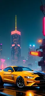 Yellow sports car in neon-lit cityscape at night.