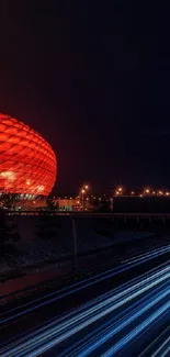 Vibrant cityscape at night with glowing architecture.