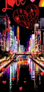 Vibrant cityscape with neon lights and love theme at night.