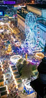 Colorful city night scene with Ferris wheel and festival lights.