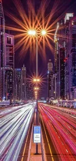 Night cityscape with vibrant light trails and skyscrapers.