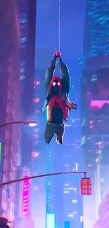 Stylized superhero swinging over vibrant cityscape at night.