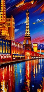 Colorful cityscape painting with vibrant reflections at night.