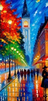 Vibrant cityscape with colorful trees and illuminated street at night.