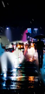 Rainy night cityscape with neon lights and reflections.