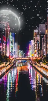 Vibrant night cityscape with moonlit sky and colorful reflections in canal.