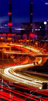 Night cityscape with vivid light trails and industrial skyline.